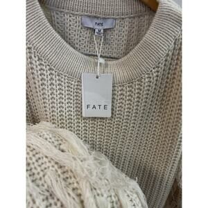 Fate Women’s M Ivory White Fringe Sleeve Boho Crewneck Pullover Sweater NWT
